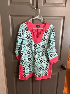 Simply Southern Coral-Trimmed Mint & Navy Tile Print Tunic